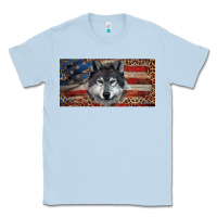 Dusty Blue Wolf with american flag and leopard Classic Tee - RanaPortraitStore