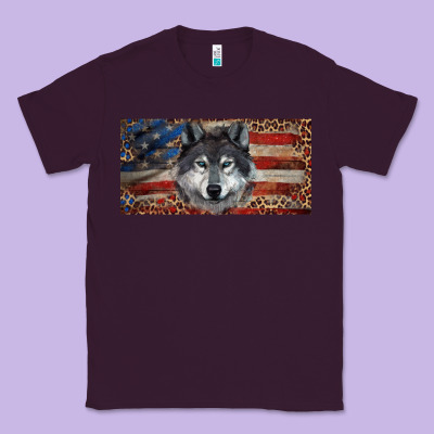 Classic Tee Wolf with american flag and leopard