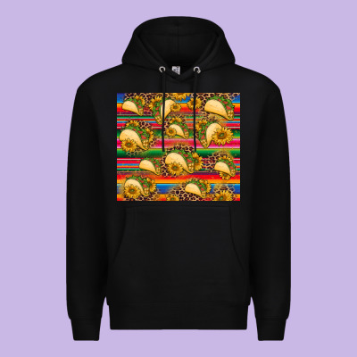 Tacos And Sunflowers With Serape Leopard Background Premium Hoodie Designed By Barkaloodesign