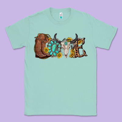 Classic Tee western love bull skull with gemstone and sunflowe