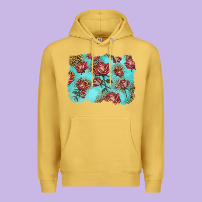 Red Roses With Leopard Background Premium Hoodie Designed By Lillyallendesigns