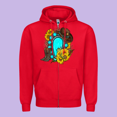 Western Turquoise Gemstone Zipper Hoodie Designed By Zillion Design Studio