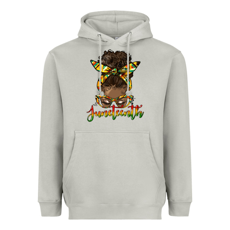 Juneteenth Black Woman Messy Bun Heavyweight Hoodie by HRA Design Shop | Teevron