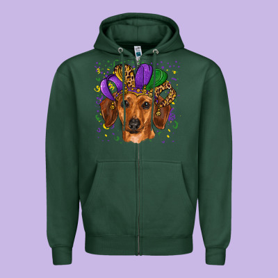 Zipper Hoodie mardi gras hat dachshund