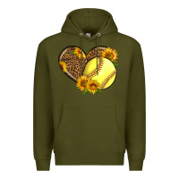 Army Green Softball Heart With Sunflowers Premium Hoodie - LillyAllenDesigns