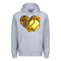 Heather Grey Softball Heart With Sunflowers Premium Hoodie - LillyAllenDesigns