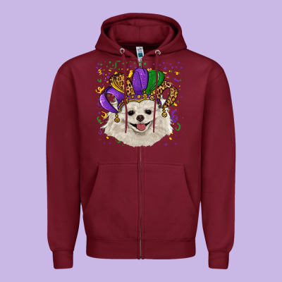 Zipper Hoodie Mardi Gras White Pomeranian with Hat