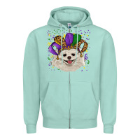 Seafoam Mardi Gras White Pomeranian with Hat Zipper Hoodie - RanaPortraitStore