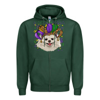 Sports Green Mardi Gras White Pomeranian with Hat Zipper Hoodie - RanaPortraitStore