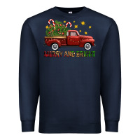 Navy Merry And Bright Christmas Trees Truck Premium Sweatshirt - FaDigitalArtStudio