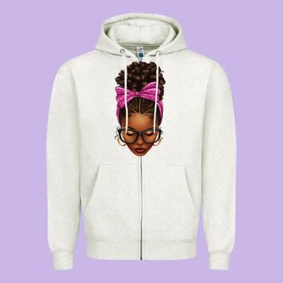 Afro Messy Bun Pink Leopard Bow Zipper Hoodie Designed By Texasbilliewilder