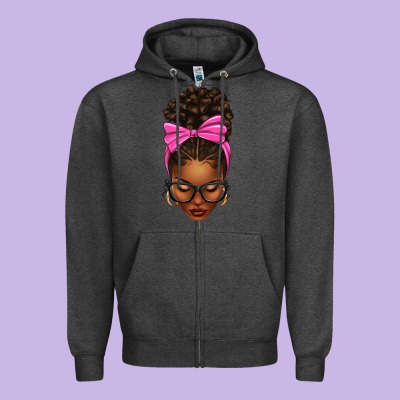 Afro Messy Bun Pink Bow Zipper Hoodie Designed By Texasbilliewilder