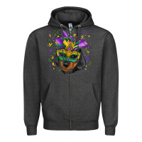 Charcoal Heather Mardi Gras Dachshund Puppy with Mask Zipper Hoodie - RanaPortraitStore