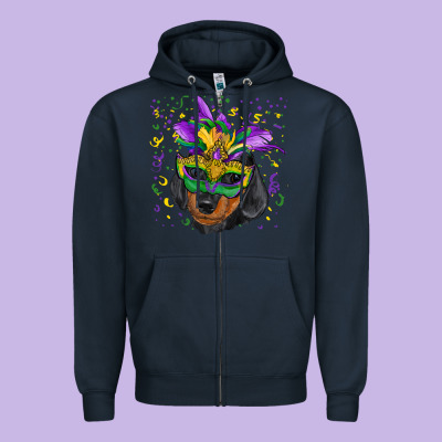 Zipper Hoodie Mardi Gras Dachshund Puppy with Mask