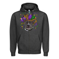 Charcoal Heather Mardi Gras Pitbull with Hat Zipper Hoodie - RanaPortraitStore