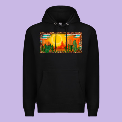 Western  Sunset Cactus Leopard Serape   License Plate Template Premium Hoodie Designed By Barkaloodesign