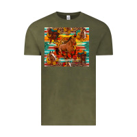 Vintage Olive galloping horse serape sunflowers turquoise and saddles Vintage Tee - Artiststas