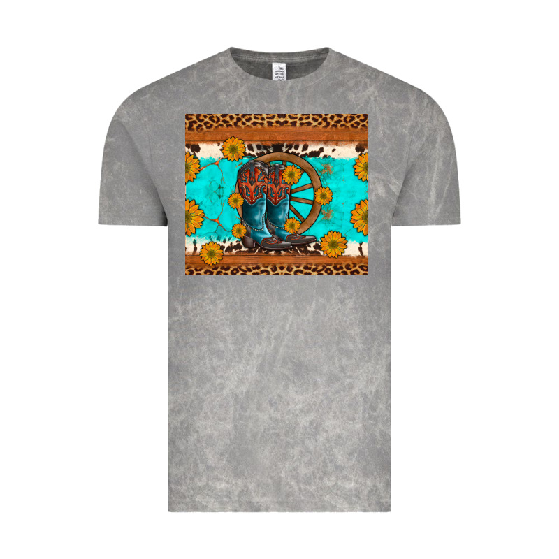 Cowboy Boots And Sunflowers Turquoise Leopard Background Vintage Tee by Artiststas | Teevron