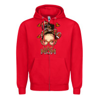 Red football messy bun mom Zipper Hoodie - texasbilliewilder