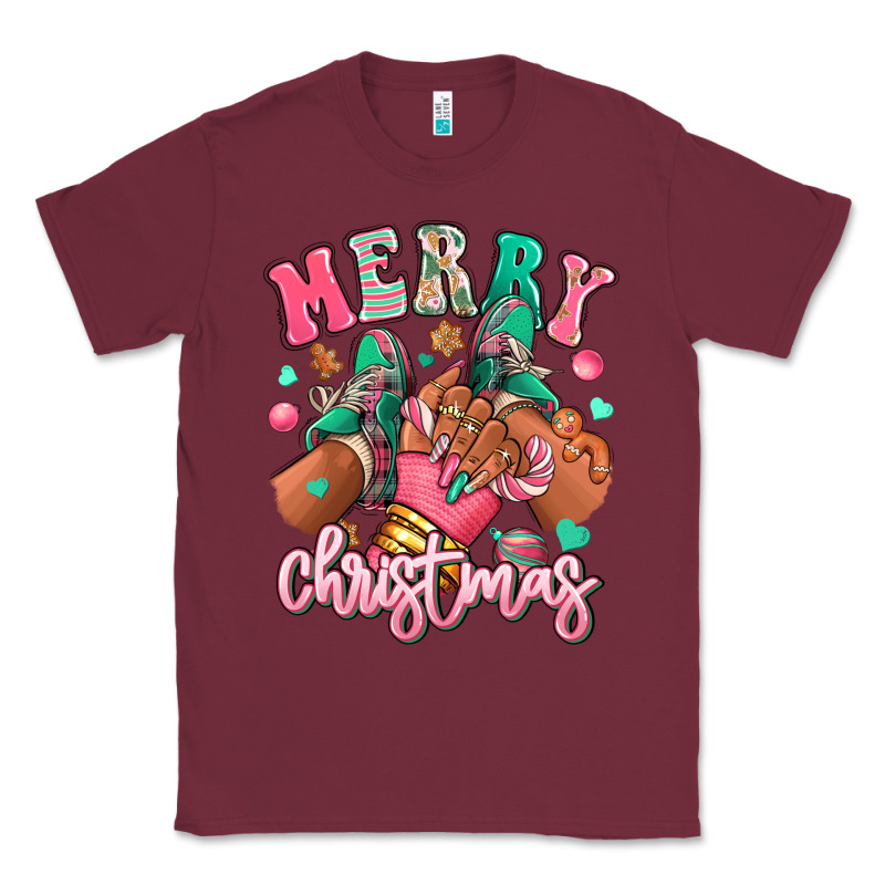 Pink Merry Christmas Black Girl Sneakers Classic Tee by RanaPortraitStore | Teevron
