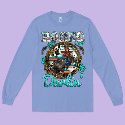 Western Rodeo Darlin' Bullfighter Serape Cowhide Turquoise Gemstones Long Sleeve Tee Designed By Barkaloodesign