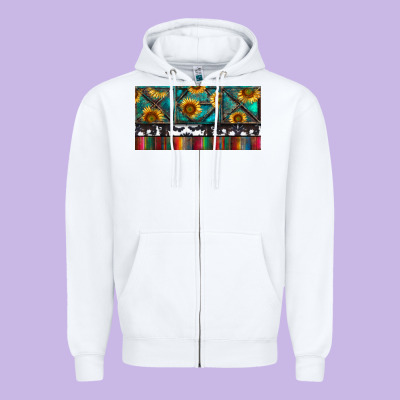 Zipper Hoodie Rusty Sunflowers with Cowhide and Turquoise