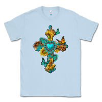 Dusty Blue western cross with gemstone and sunflowers Classic Tee - texasbilliewilder