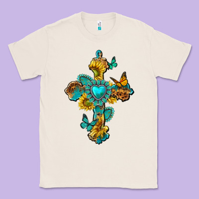 Classic Tee western cross with gemstone and sunflowers