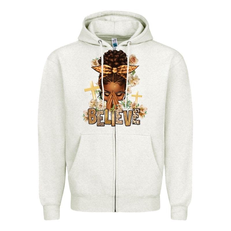 Believe Praying Afro Messy Bun Zipper Hoodie by texasbilliewilder | Teevron