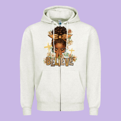 Believe Praying Afro Messy Bun Zipper Hoodie Designed By Texasbilliewilder