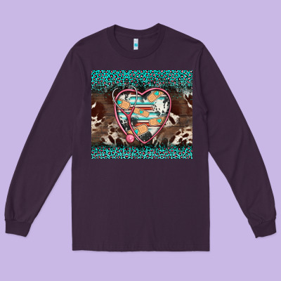 Western Nurse Stethoscope Turquoise Leopardes Long Sleeve Tee Designed By Barkaloodesign