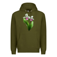 Army Green Pink And White Lady's Slipper Flower Illustrations Premium Hoodie - LillyAllenDesigns