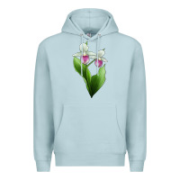 Blue Mist Pink And White Lady's Slipper Flower Illustrations Premium Hoodie - LillyAllenDesigns