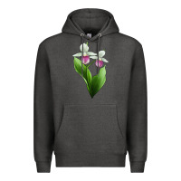 Charcoal Heather Pink And White Lady's Slipper Flower Illustrations Premium Hoodie - LillyAllenDesigns