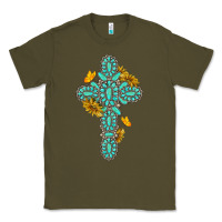 Army Green gemstone cross with sunflowers and butterflies Classic Tee - texasbilliewilder