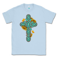 Dusty Blue gemstone cross with sunflowers and butterflies Classic Tee - texasbilliewilder