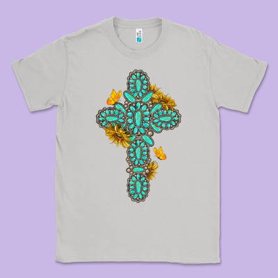 Classic Tee gemstone cross with sunflowers and butterflies