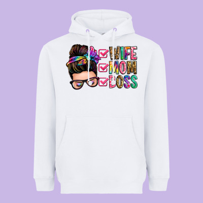 Wife Mom Boss Messy Bun Heavyweight Hoodie Designed By Zillion Design Studio