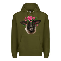 Army Green suffolk ewe sheep with floral headdress Premium Hoodie - BarkalooDesign