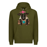 Army Green suffolk ewe peeking with floral headdress Premium Hoodie - BarkalooDesign