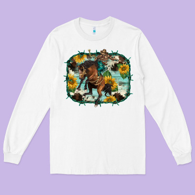 Western Rodeo Horse Cowhide Sunflowers Long Sleeve Tee Designed By Barkaloodesign