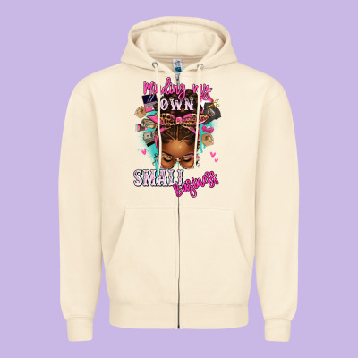 Zipper Hoodie minding my own small business afro messy bun