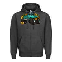 Charcoal Heather monster truck with sunflower western Zipper Hoodie - texasbilliewilder