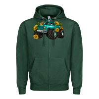 Sports Green monster truck with sunflower western Zipper Hoodie - texasbilliewilder