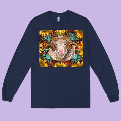 Merino Ram With Sunflowers And Gemstone Mousepad Long Sleeve Tee Designed By Barkaloodesign