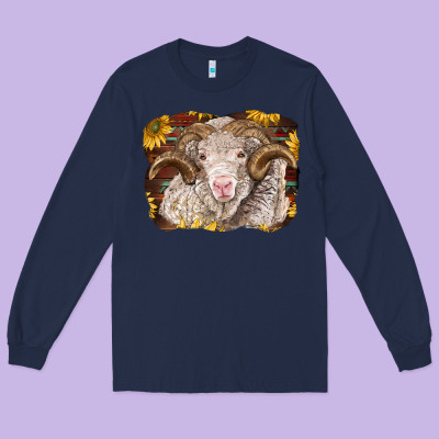 Merino Ram With Sunflowers Long Sleeve Tee Designed By Barkaloodesign