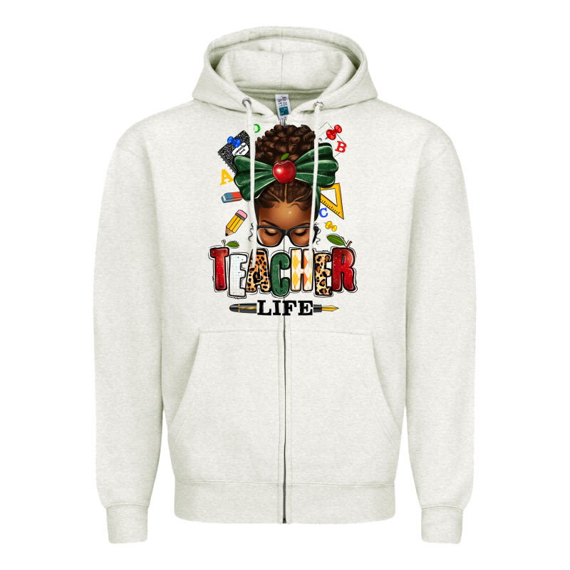 Teacher Life Afro Messy Bun Zipper Hoodie by texasbilliewilder | Teevron
