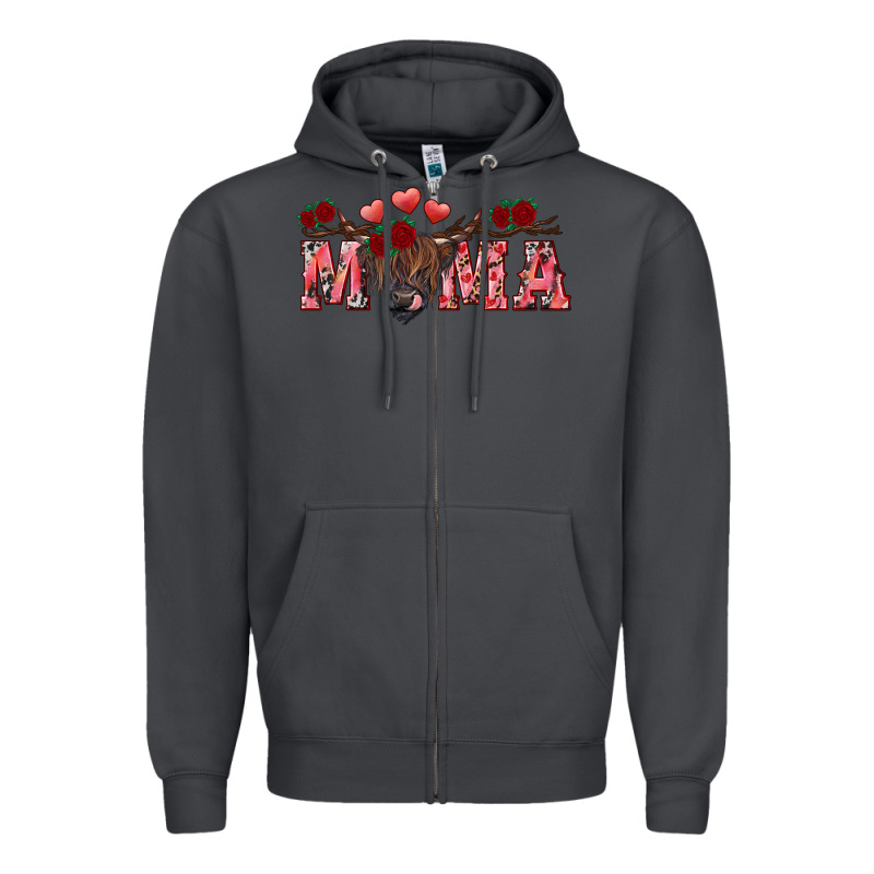 Valentine's Day Mama Black Highland Cow Zipper Hoodie by RanaPortraitStore | Teevron