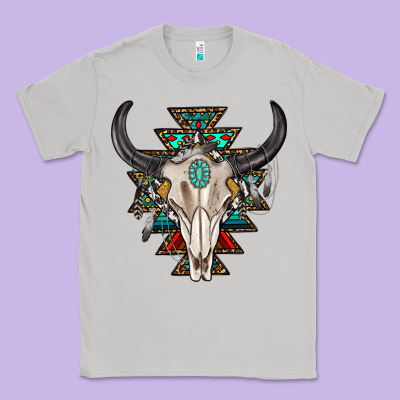 Classic Tee western aztec bull skull with gemstone