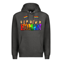Charcoal Heather human with hands and pride flags Premium Hoodie - AdoDesignShop